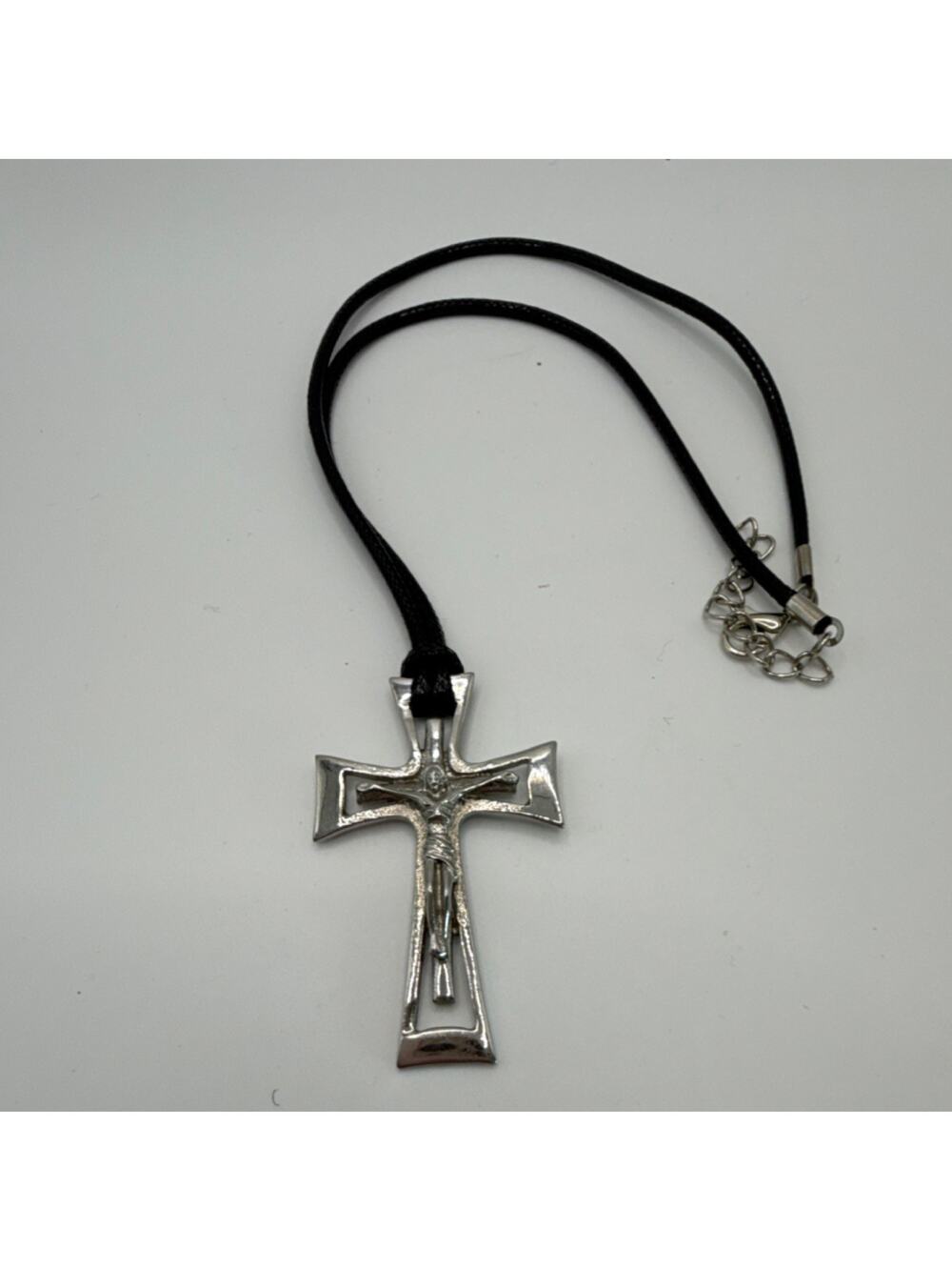 Metal Christianity Crucifix Cross Pendant Necklace w/ Black Leather Cord